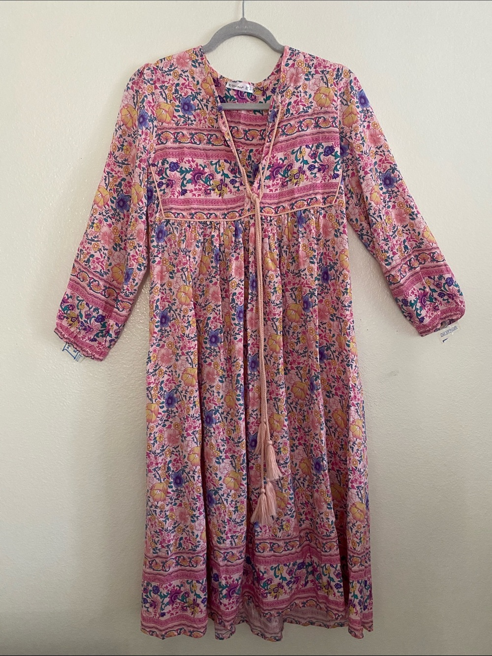 R VIVIMOS Bohemian Pink Floral Tie-Front Midi Dress. Size S - Picture 3 of 9